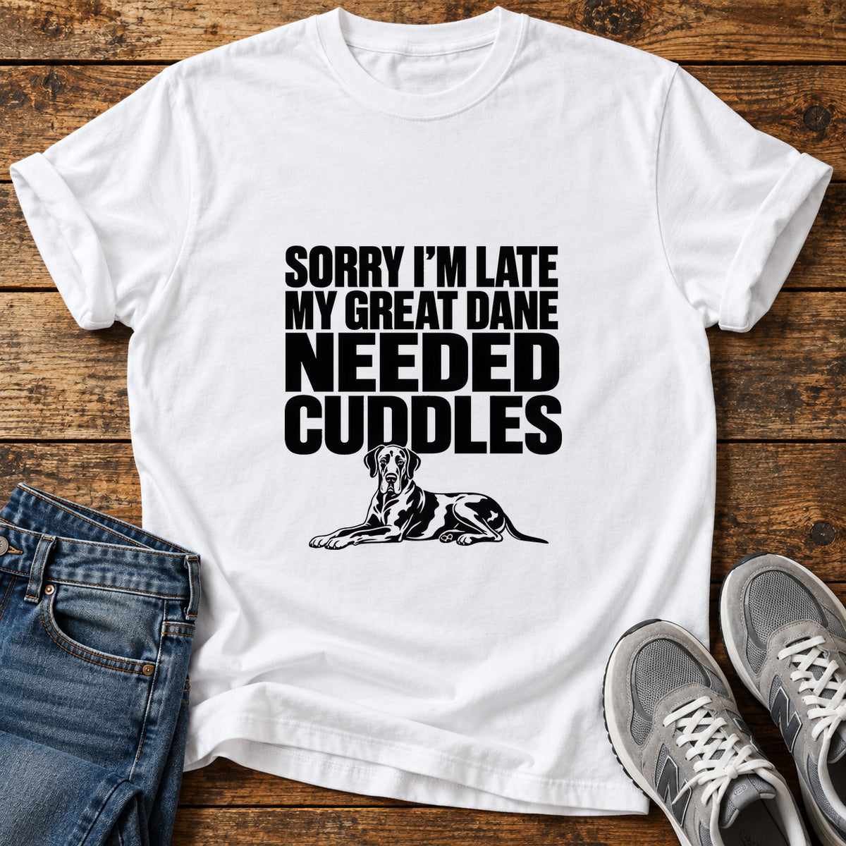Great Dane Cuddles graphic T-shirt in White, shown on a flat-lay shirt mockup