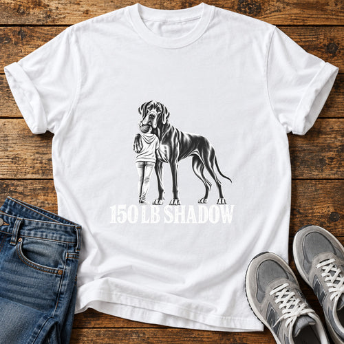 150 LB Shadow Great Dane graphic T-shirt in White, shown on a flat-lay shirt mockup