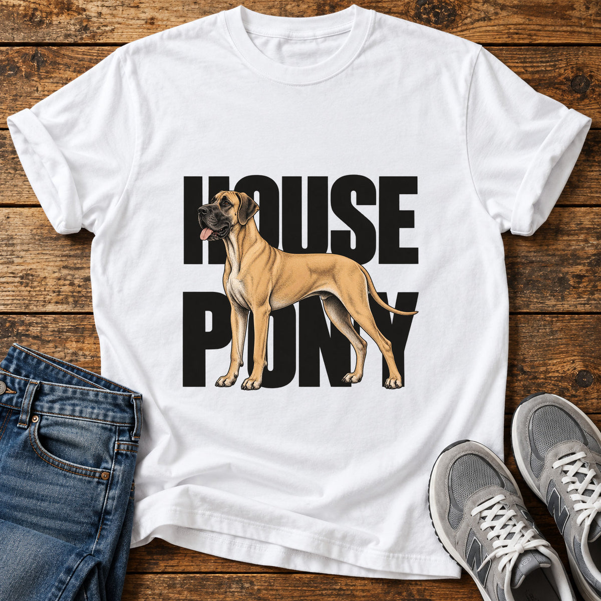 House Pony Great Dane graphic T-shirt in White, shown on a flat-lay shirt mockup