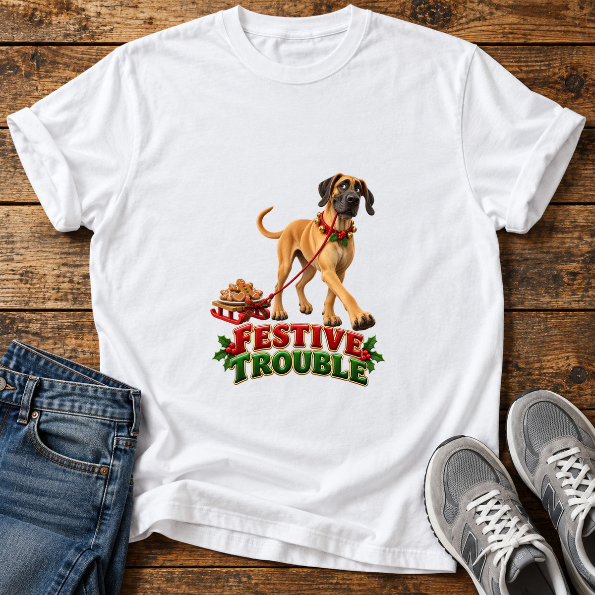 Festive Trouble Great Dane graphic T-shirt in White, shown on a flat-lay shirt mockup