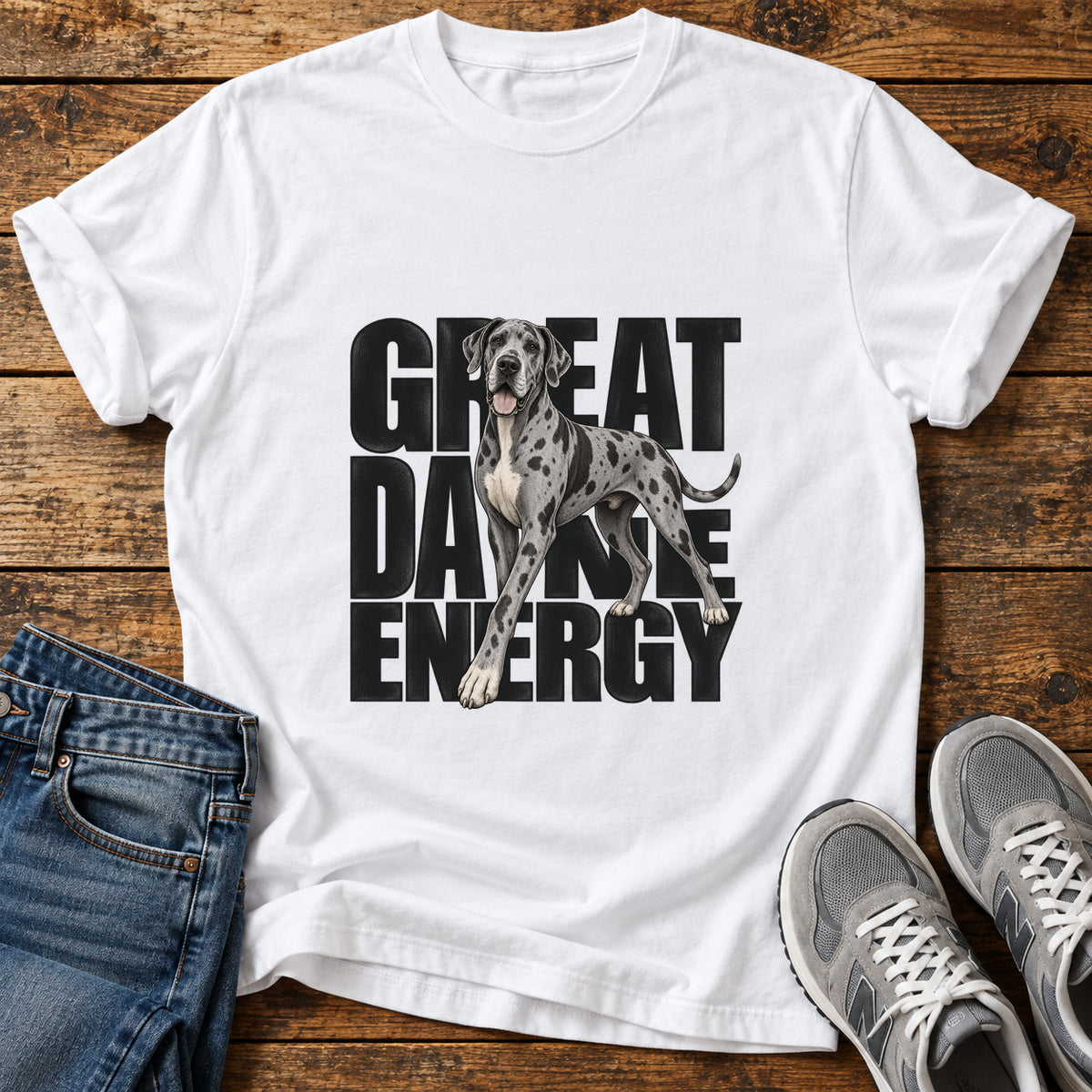 Great Dane Energy graphic T-shirt in White, shown on a flat-lay shirt mockup