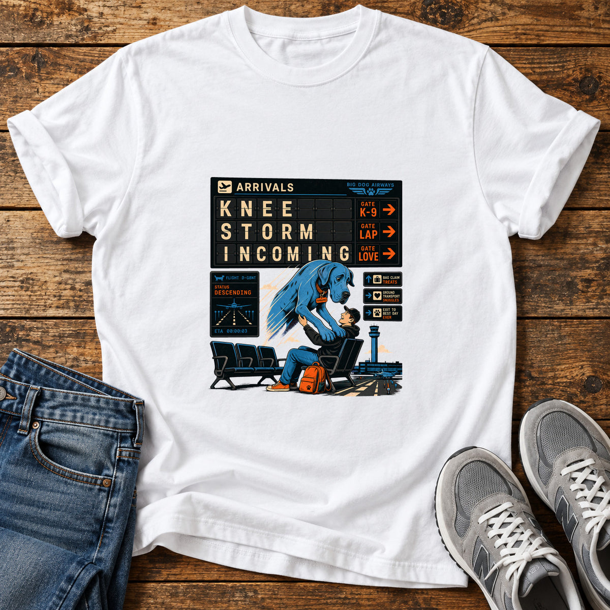 Knee Storm Incoming Great Dane graphic T-shirt in White, shown on a flat-lay shirt mockup