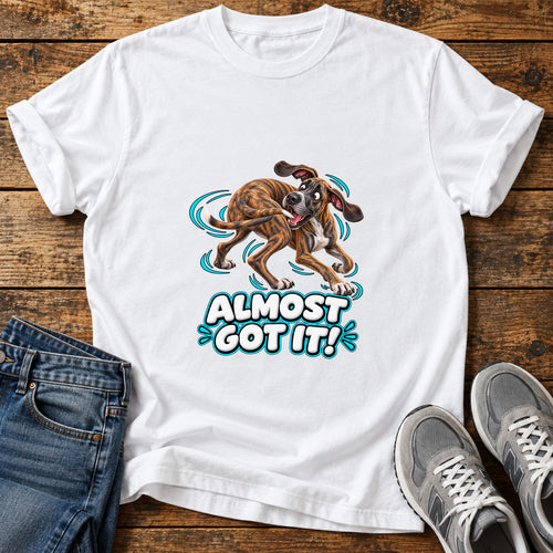 Almost Got It Great Dane graphic T-shirt in White, shown on a flat-lay shirt mockup