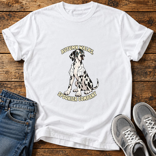 Autumn Spookier Company Great Dane graphic T-shirt in White, shown on a flat-lay shirt mockup