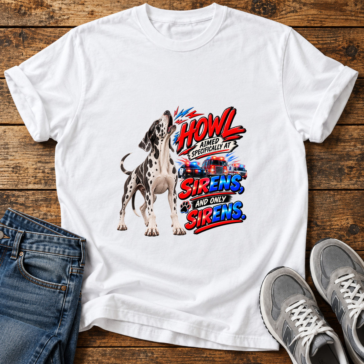 Howl At Sirens Great Dane graphic T-shirt in White, shown on a flat-lay shirt mockup
