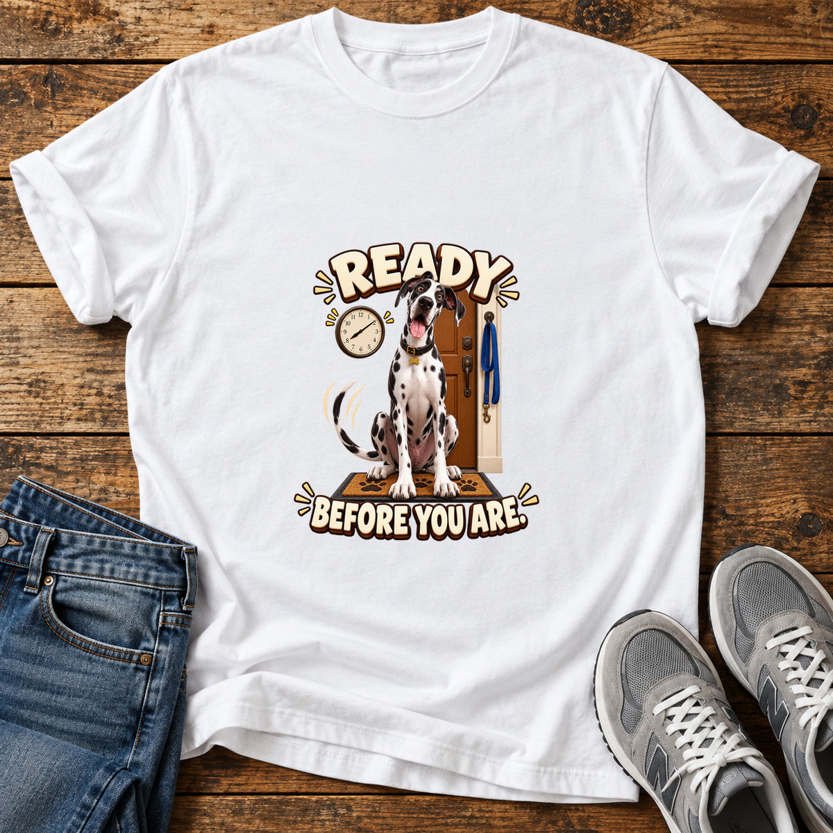 Ready Before You Great Dane graphic T-shirt in White, shown on a flat-lay shirt mockup