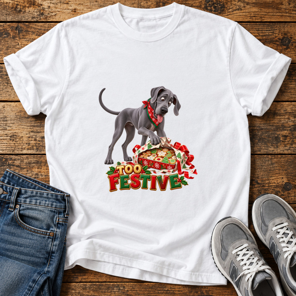Too Festive Great Dane graphic T-shirt in White, shown on a flat-lay shirt mockup