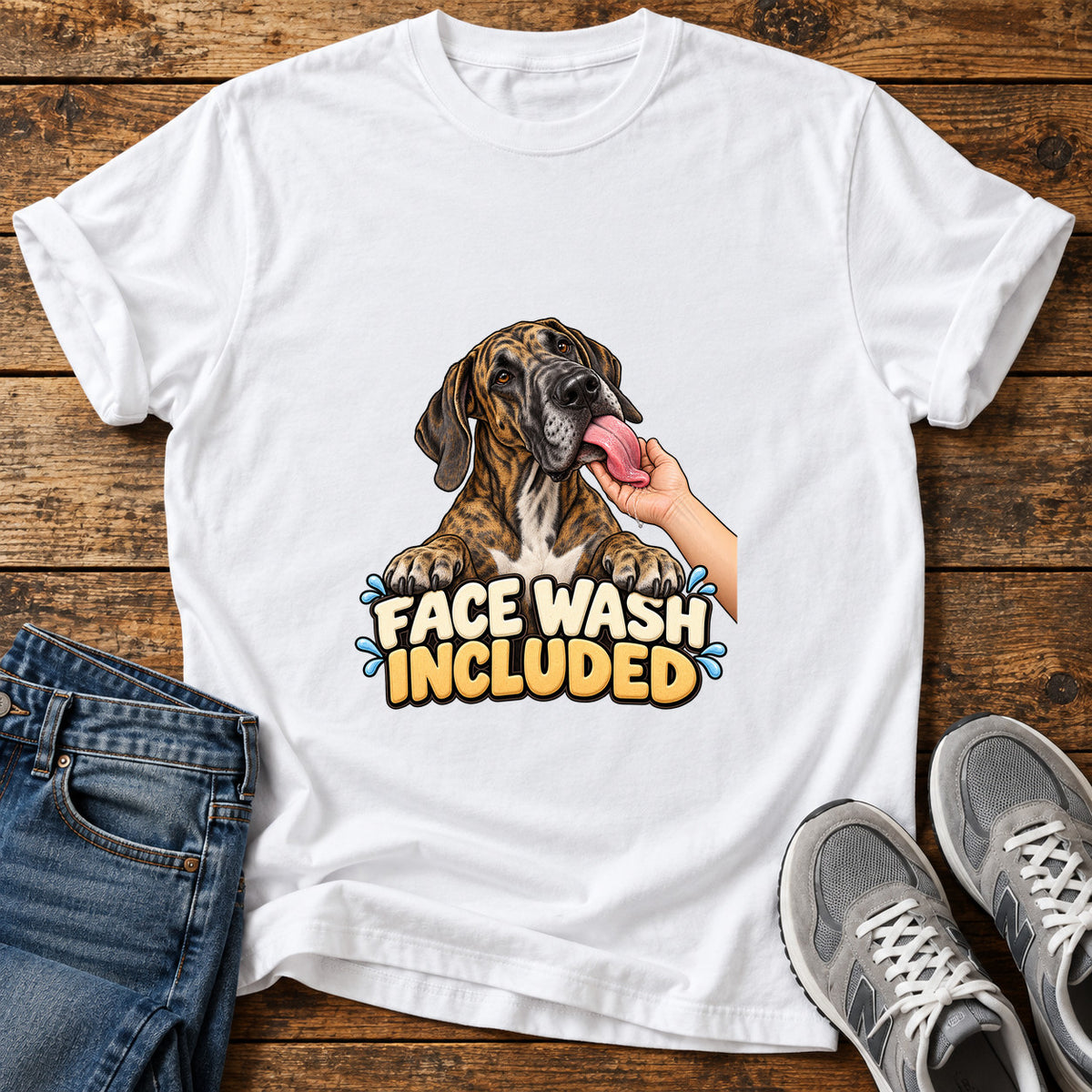Face Wash Included Great Dane graphic T-shirt in White, shown on a flat-lay shirt mockup