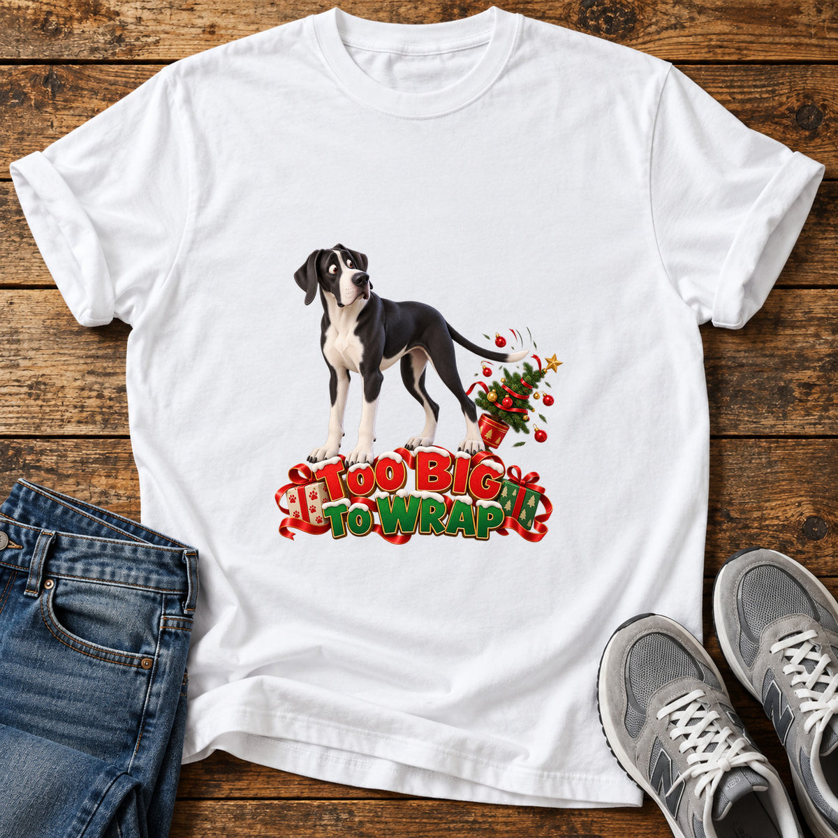 Too Big Wrap Great Dane graphic T-shirt in White, shown on a flat-lay shirt mockup
