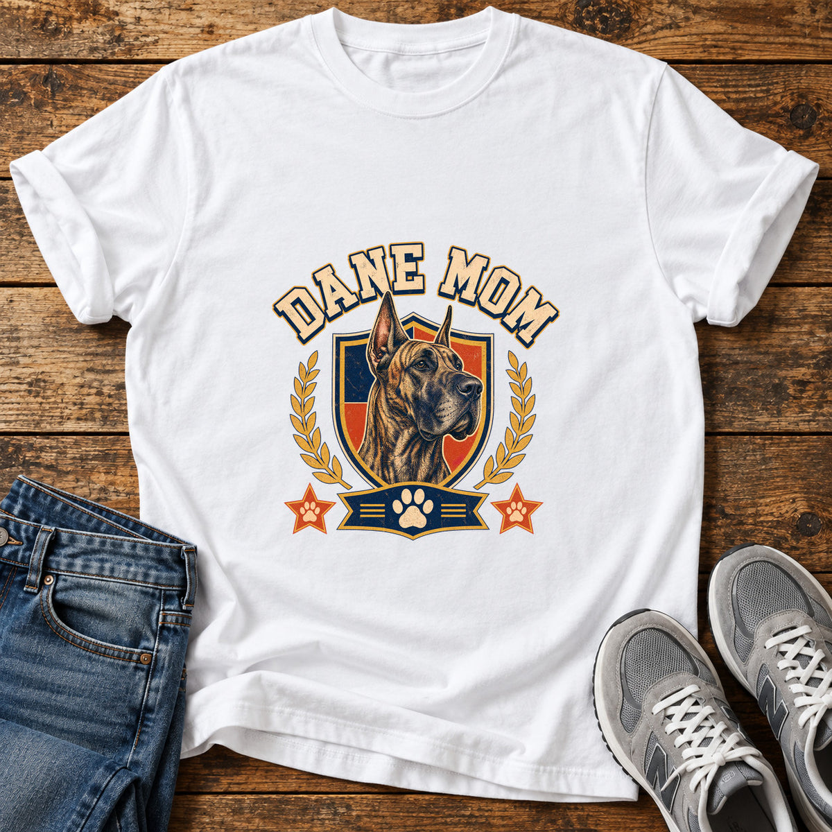 Dane Mom Great Dane graphic T-shirt in White, shown on a flat-lay shirt mockup