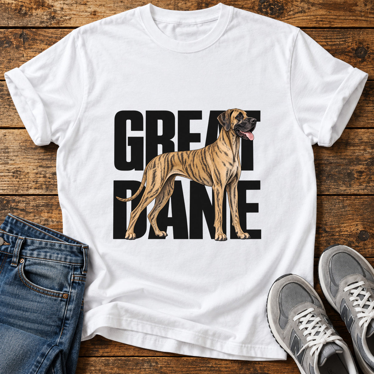 Great Dane graphic T-shirt in White, shown on a flat-lay shirt mockup