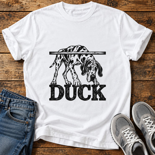 Duck Dog Great Dane graphic T-shirt in White, shown on a flat-lay shirt mockup
