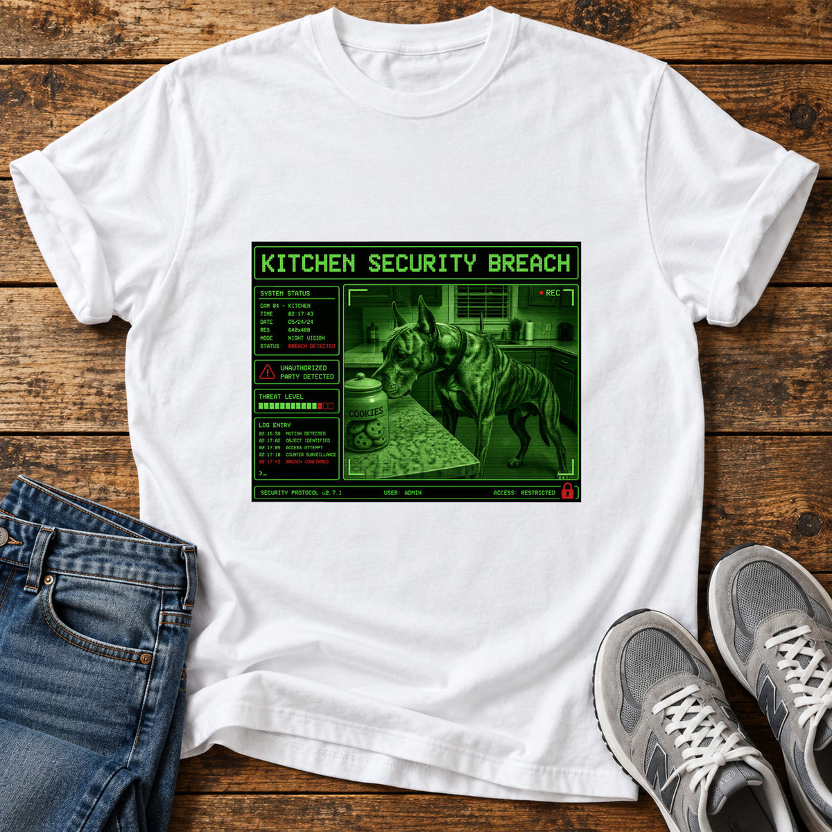 Kitchen Security Breach Great Dane graphic T-shirt in White, shown on a flat-lay shirt mockup