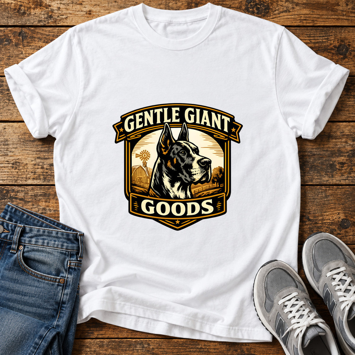 Gentle Giant Goods Great Dane graphic T-shirt in White, shown on a flat-lay shirt mockup