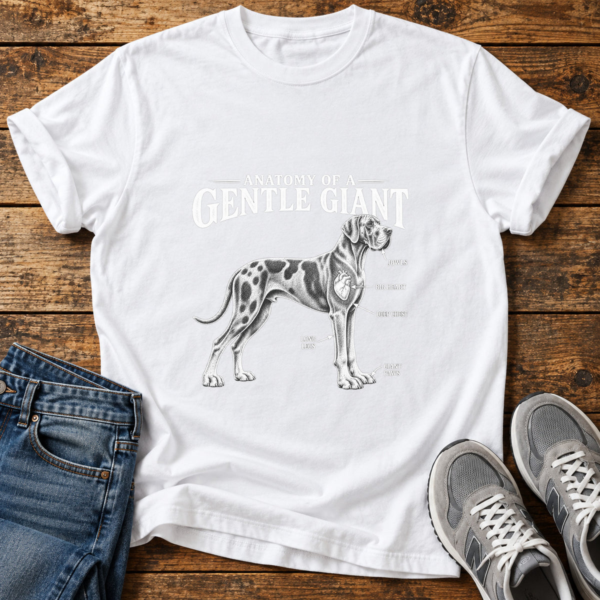 Gentle Giant Great Dane graphic T-shirt in White, shown on a flat-lay shirt mockup