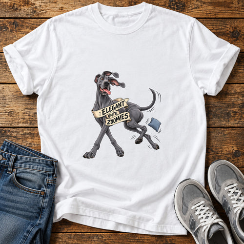 Elegant Zoomies Great Dane graphic T-shirt in White, shown on a flat-lay shirt mockup