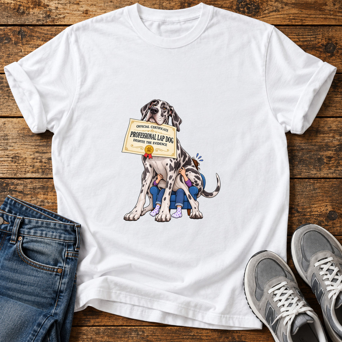 Professional Lapdog Great Dane graphic T-shirt in White, shown on a flat-lay shirt mockup
