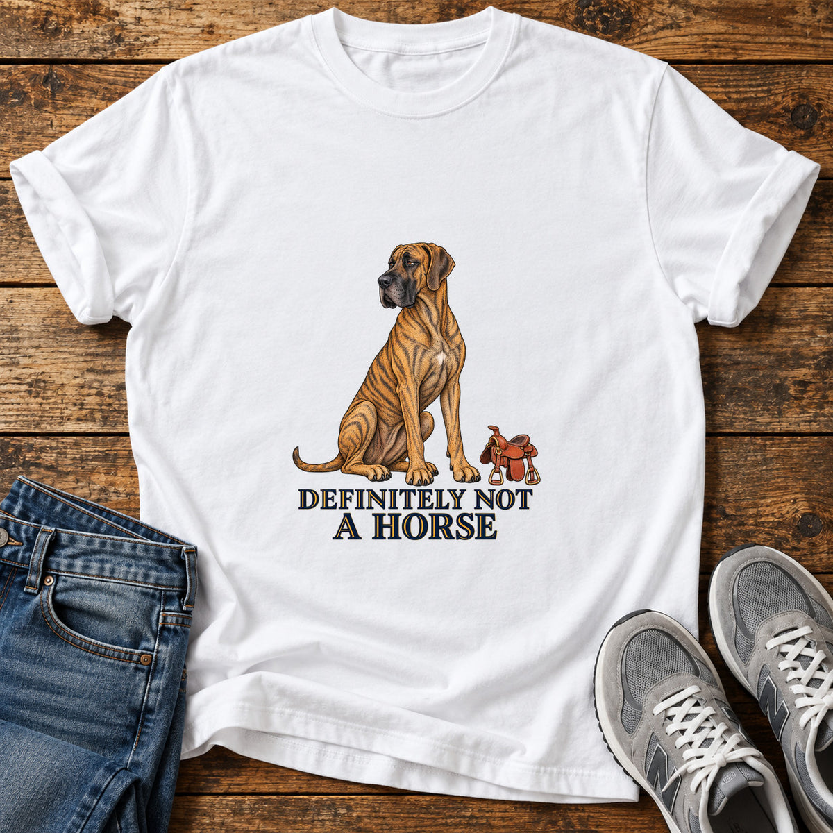 Definitely Not Horse Great Dane graphic T-shirt in White, shown on a flat-lay shirt mockup