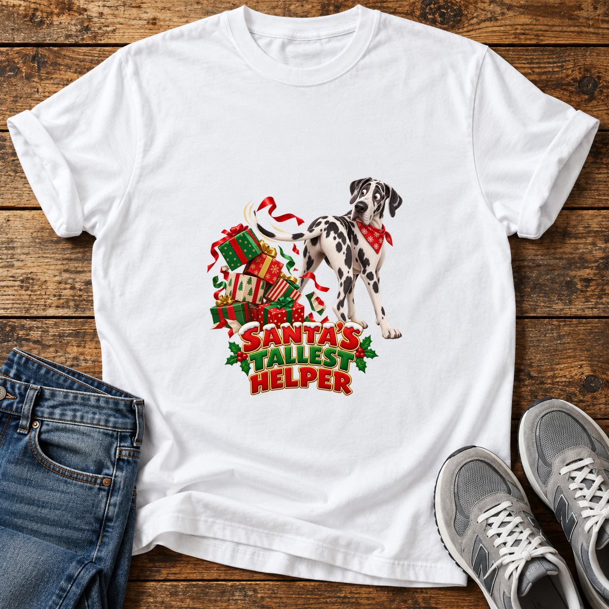 Santa's Tallest Helper Great Dane graphic T-shirt in White, shown on a flat-lay shirt mockup