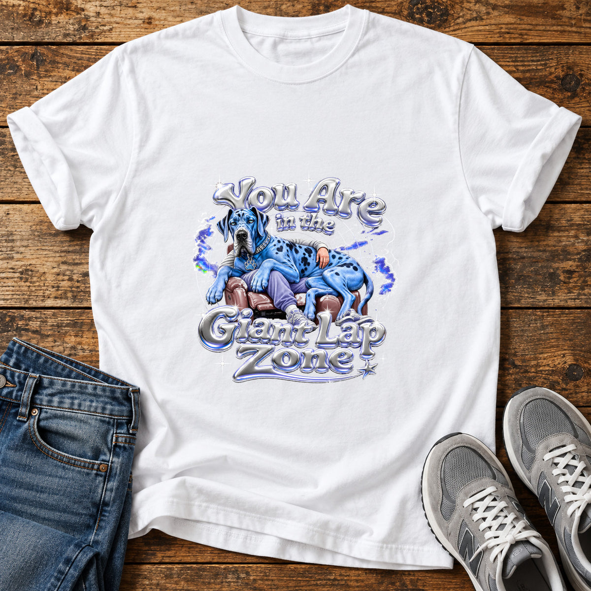 Giant Lap Zone Great Dane graphic T-shirt in White, shown on a flat-lay shirt mockup