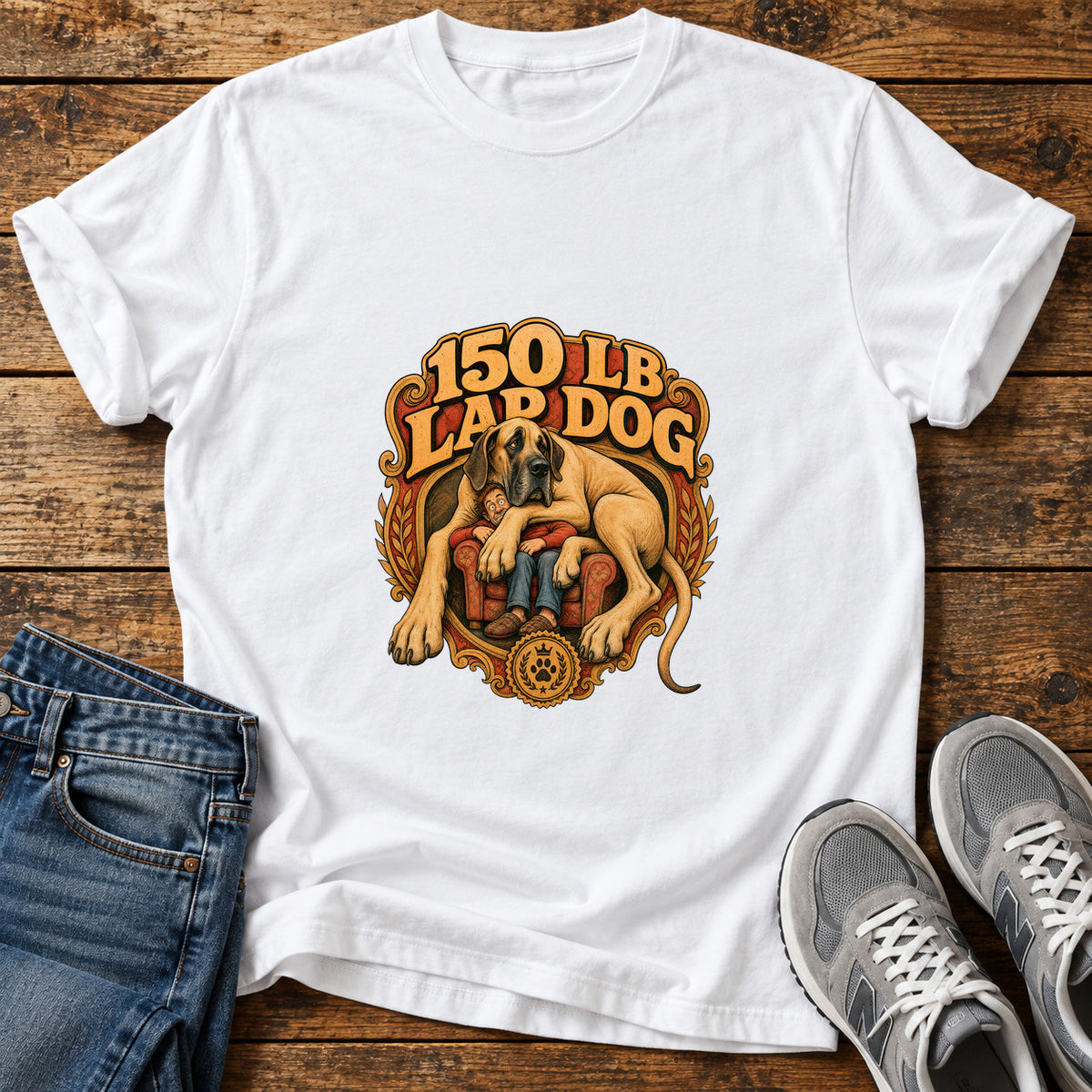 150 Lb Lapdog Great Dane graphic T-shirt in White, shown on a flat-lay shirt mockup