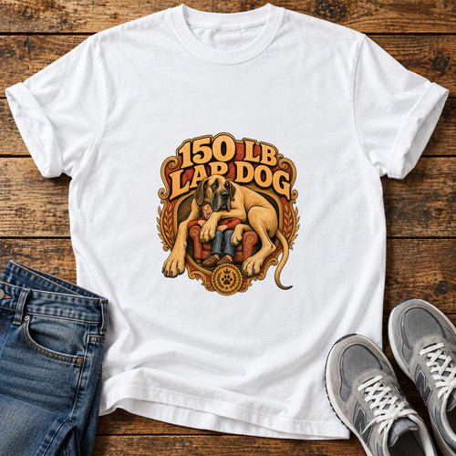 150 Lb Lapdog Great Dane graphic T-shirt in White, shown on a flat-lay shirt mockup
