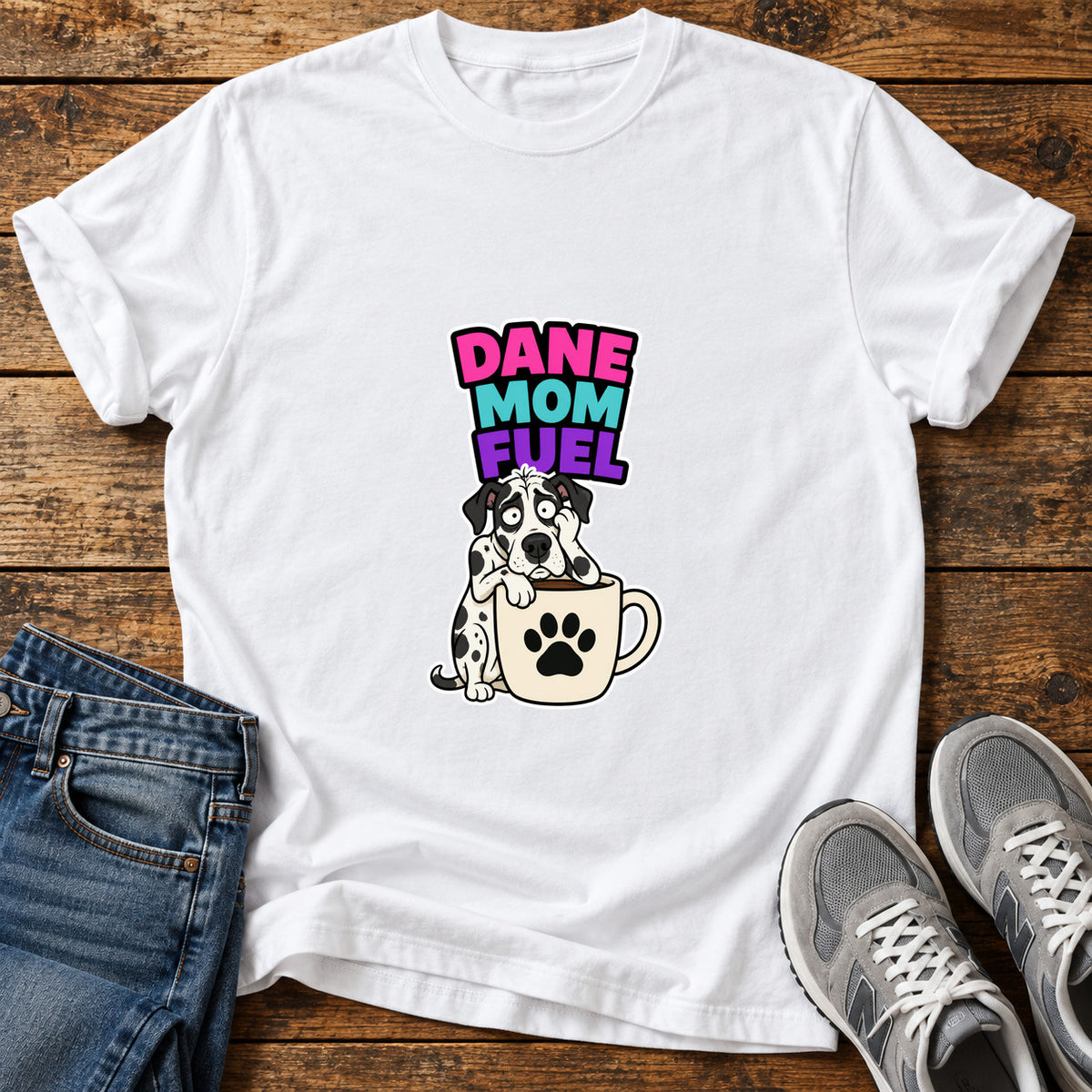 Dane Mom Fuel Great Dane graphic T-shirt in White, shown on a flat-lay shirt mockup