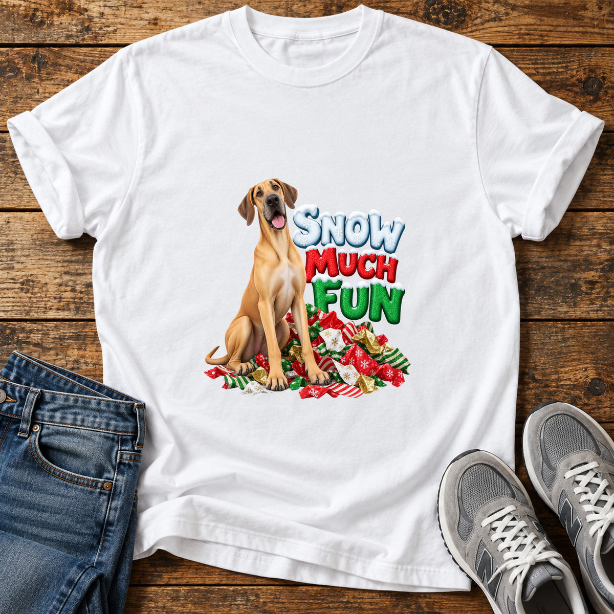 Snow Much Fun Great Dane graphic T-shirt in White, shown on a flat-lay shirt mockup