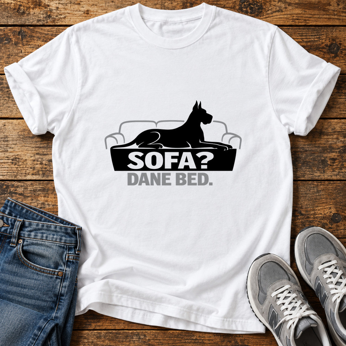 Sofa Dane Bed Great Dane graphic T-shirt in White, shown on a flat-lay shirt mockup