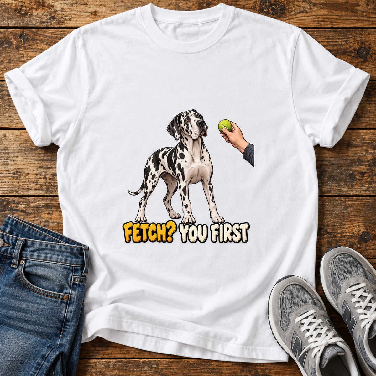 Fetch You First Great Dane graphic T-shirt in White, shown on a flat-lay shirt mockup