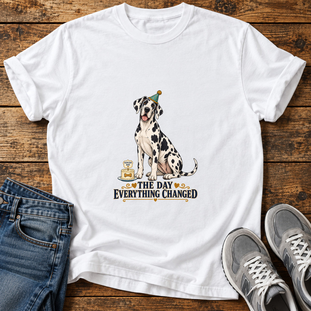The Day Changed Great Dane graphic T-shirt in White, shown on a flat-lay shirt mockup