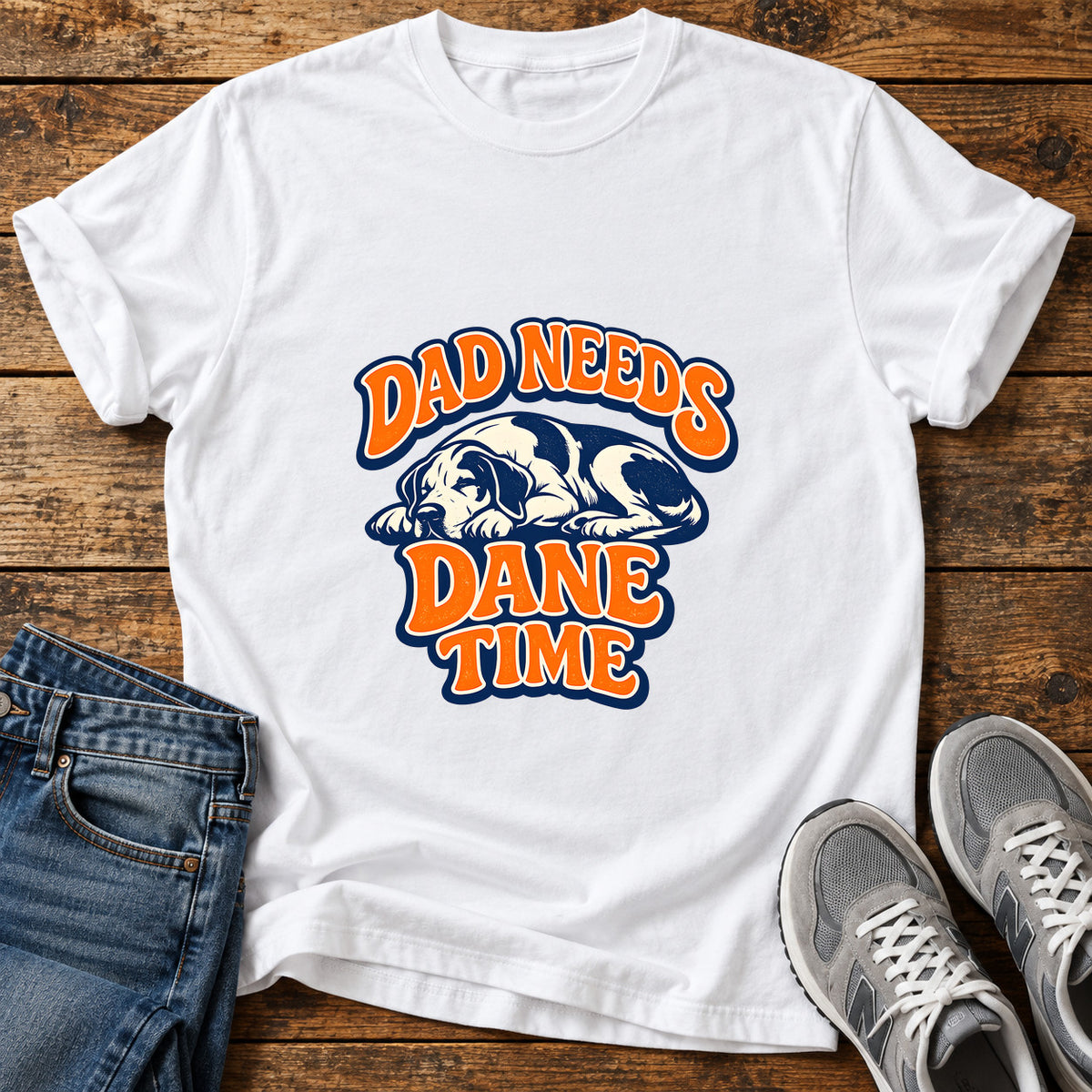 Dad Needs Dane Great Dane graphic T-shirt in White, shown on a flat-lay shirt mockup
