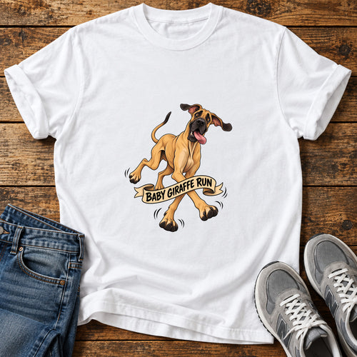 Baby Giraffe Run Great Dane graphic T-shirt in White, shown on a flat-lay shirt mockup