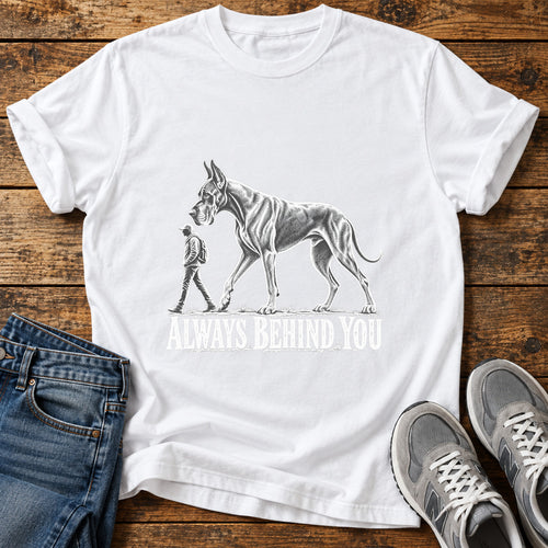Always Behind You Great Dane graphic T-shirt in White, shown on a flat-lay shirt mockup