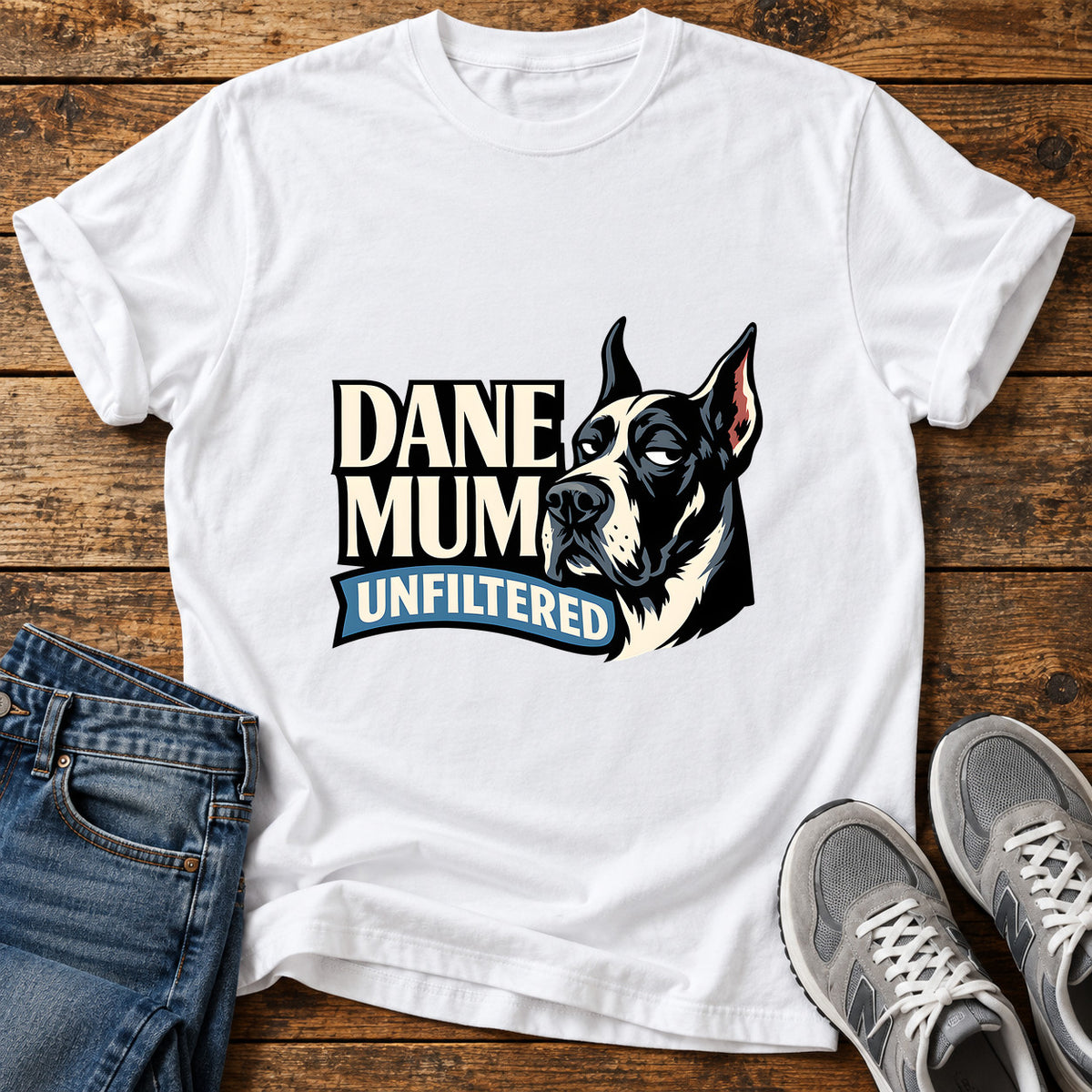Dane Mum Unfiltered Great Dane graphic T-shirt in White, shown on a flat-lay shirt mockup