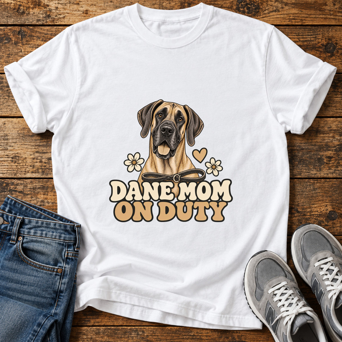 Dane Mom Duty Great Dane graphic T-shirt in White, shown on a flat-lay shirt mockup