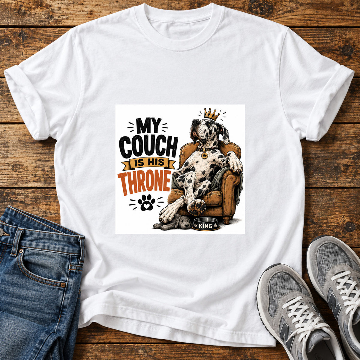 Couch Throne Great Dane graphic T-shirt in White, shown on a flat-lay shirt mockup