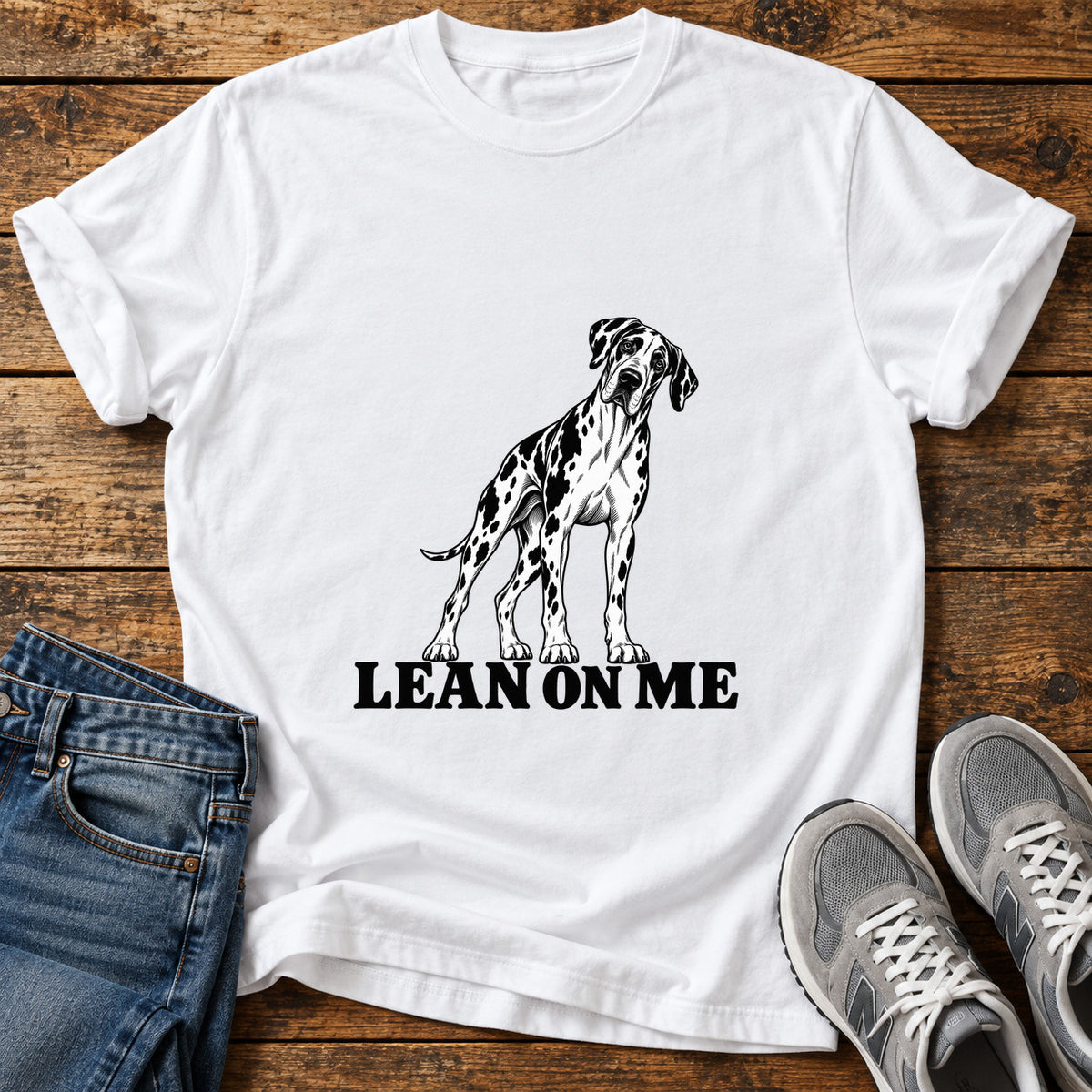 Lean On Me Great Dane graphic T-shirt in White, shown on a flat-lay shirt mockup