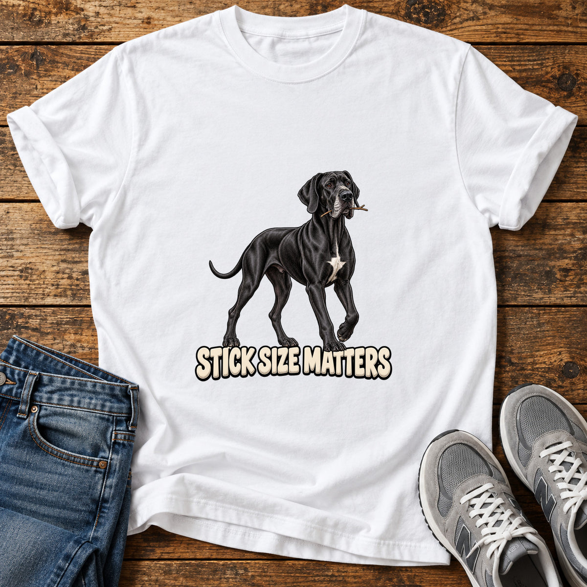 Stick Size Matters Great Dane graphic T-shirt in White, shown on a flat-lay shirt mockup