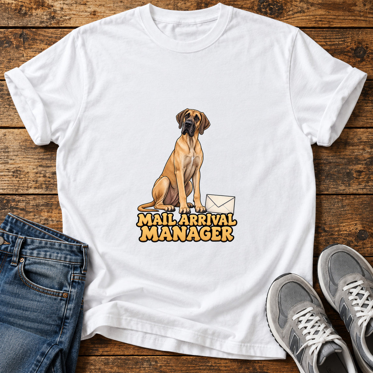 Mail Arrival Manager Great Dane graphic T-shirt in White, shown on a flat-lay shirt mockup