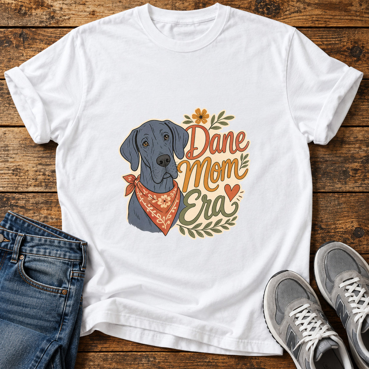 Dane Mom Era Great Dane graphic T-shirt in White, shown on a flat-lay shirt mockup