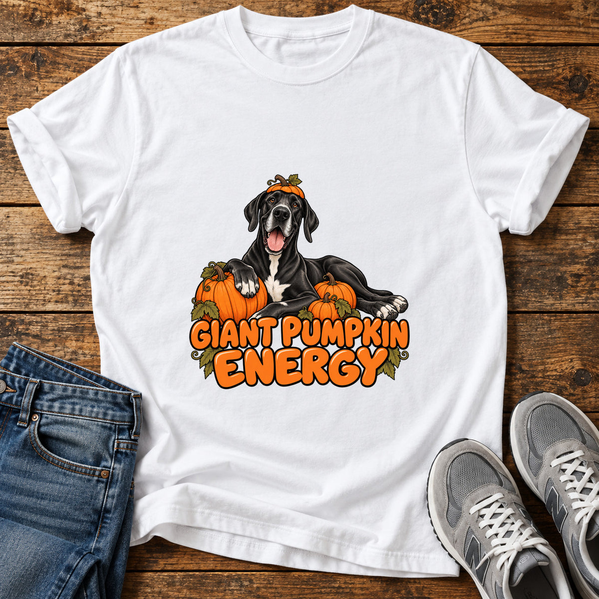 Giant Pumpkin Energy Great Dane graphic T-shirt in White, shown on a flat-lay shirt mockup