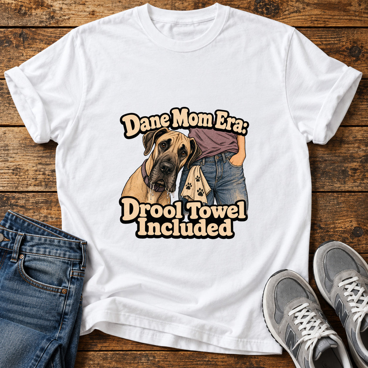 Drool Towel Included Great Dane graphic T-shirt in White, shown on a flat-lay shirt mockup