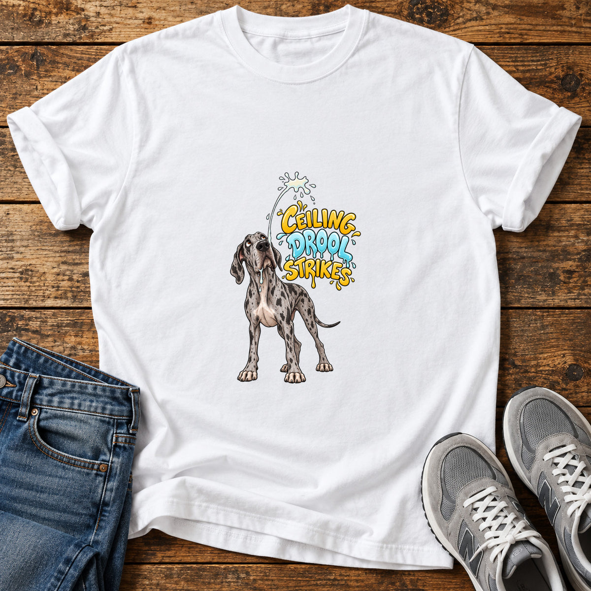 Ceiling Drool Strikes Great Dane graphic T-shirt in White, shown on a flat-lay shirt mockup