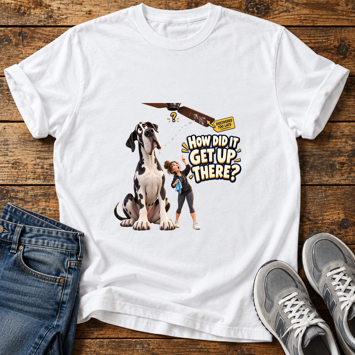 How Did It Great Dane graphic T-shirt in White, shown on a flat-lay shirt mockup