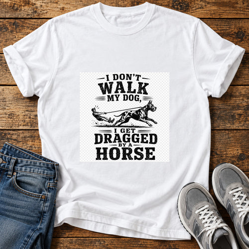Dragged By Horse Great Dane graphic T-shirt in White, shown on a flat-lay shirt mockup