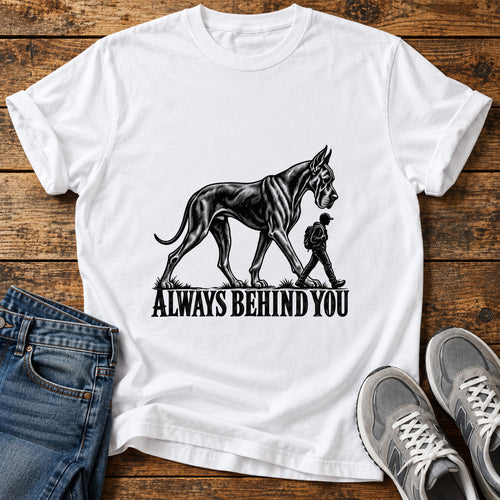 Always Behind Great Dane graphic T-shirt in White, shown on a flat-lay shirt mockup