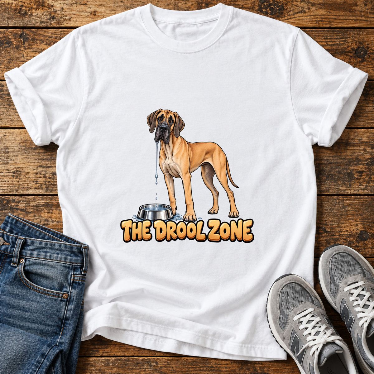 The Drool Zone Great Dane graphic T-shirt in White, shown on a flat-lay shirt mockup