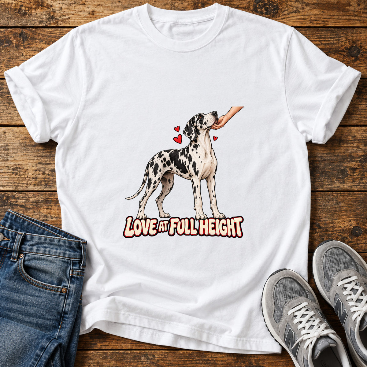 Love At Full Great Dane graphic T-shirt in White, shown on a flat-lay shirt mockup