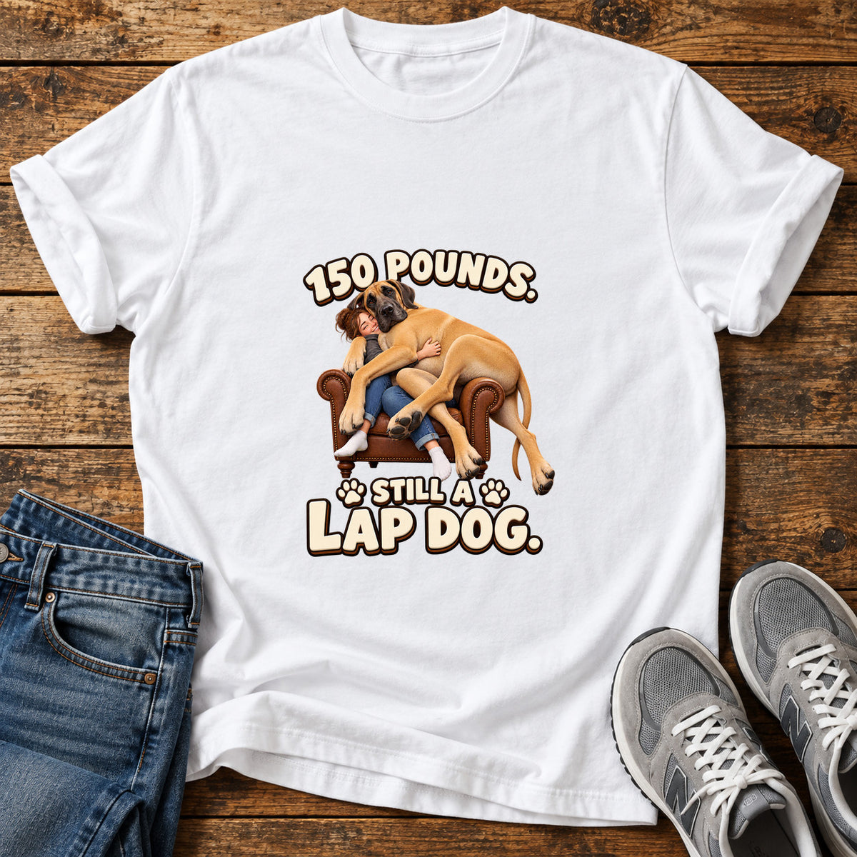 Lap Dog Hug Great Dane graphic T-shirt in White, shown on a flat-lay shirt mockup